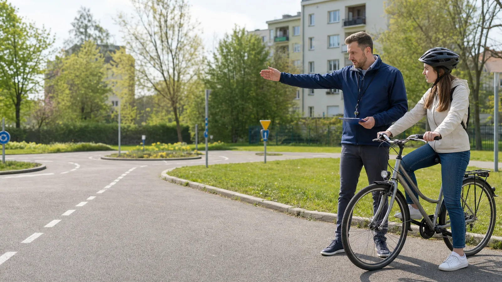 Młody dorosły rowerzysta ćwiczący pod okiem instruktora w miasteczku ruchu drogowego
