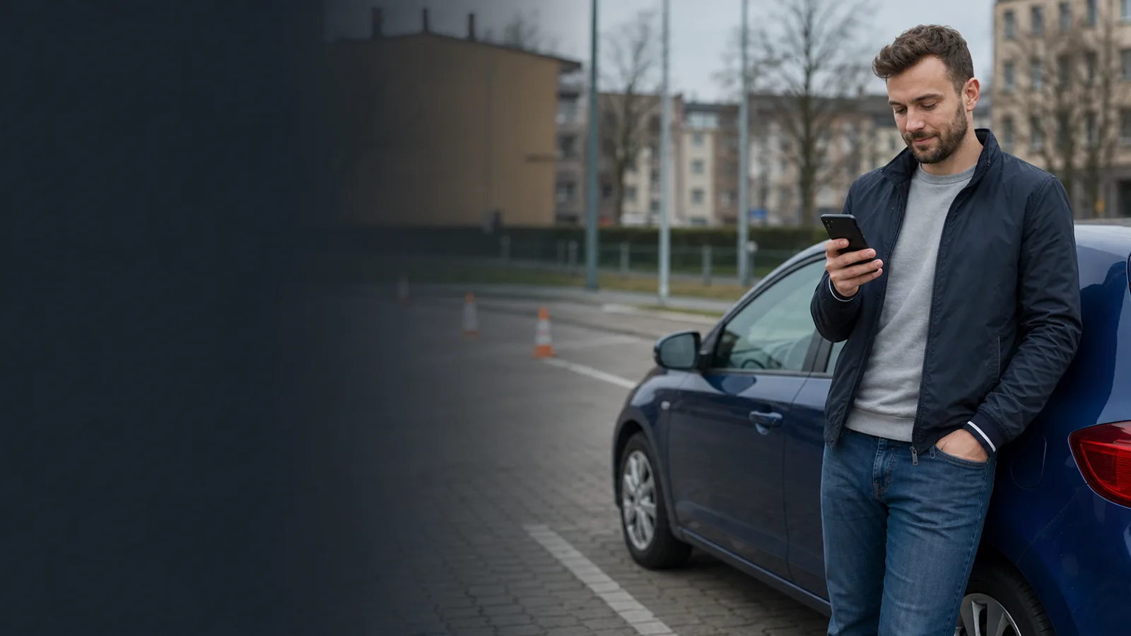 Kursant przy samochodzie szkoleniowym porównujący plan dostępu na telefonie